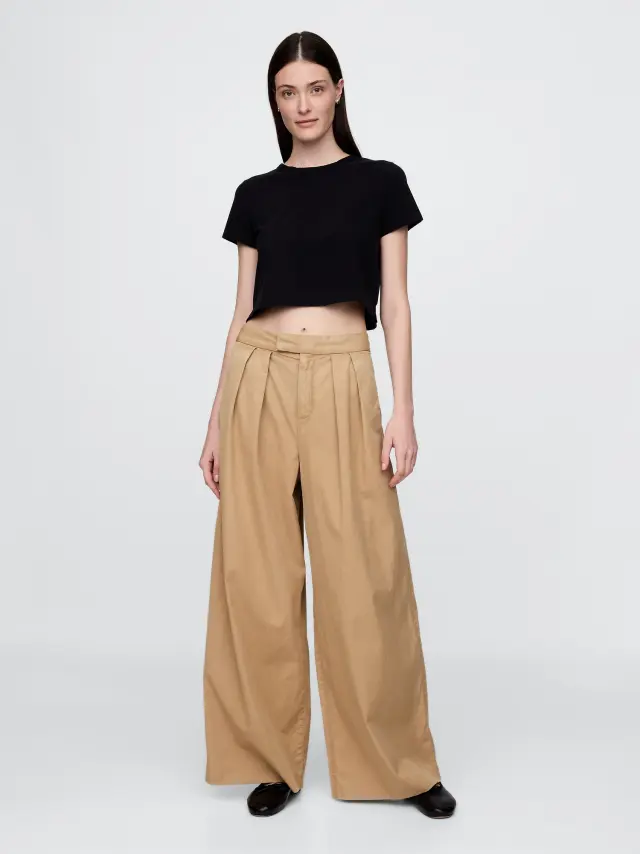 Καφέ High Rise Τουίλ Pleated Wide-Leg Khakis Παντελόνι Mojave tan