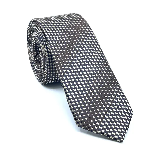 Καφέ - Μπλε Σχεδιαστική Γραβάτα Microfiber Σετ με Μαντήλι 3