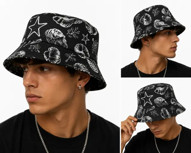 Ghetto Black Bucket Hat with Sea Pattern 3
