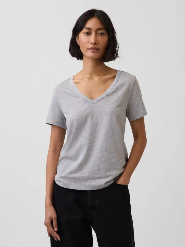 Γκρι Vintage V-Neck Μπλούζα από Οργανικό Βαμβάκι Heather grey - L