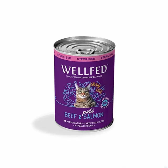 Wellfed Cat Adult Sterilised Πατέ Με Μοσχάρι & Σολομό 400gr 11x7.5x7.5cm Μονόχρωμο