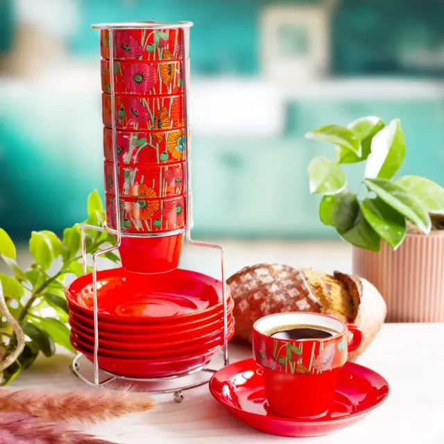 Pylones Σετ 6 φλυτζάνια Espresso (100ml) με πιατάκια: Café Coloré Coquelicots