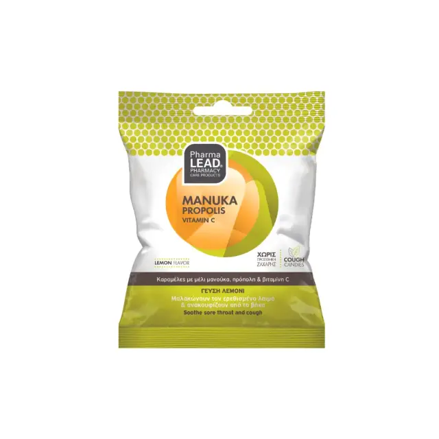 PharmaLead Manuka, Propolis & Vitaminin C Cough Candies Lemon Flavor Καραμέλες µε Μέλι Μανούκα, Πρόπολη & Βιταμίνη C - Γεύση Λεμόνι 40g