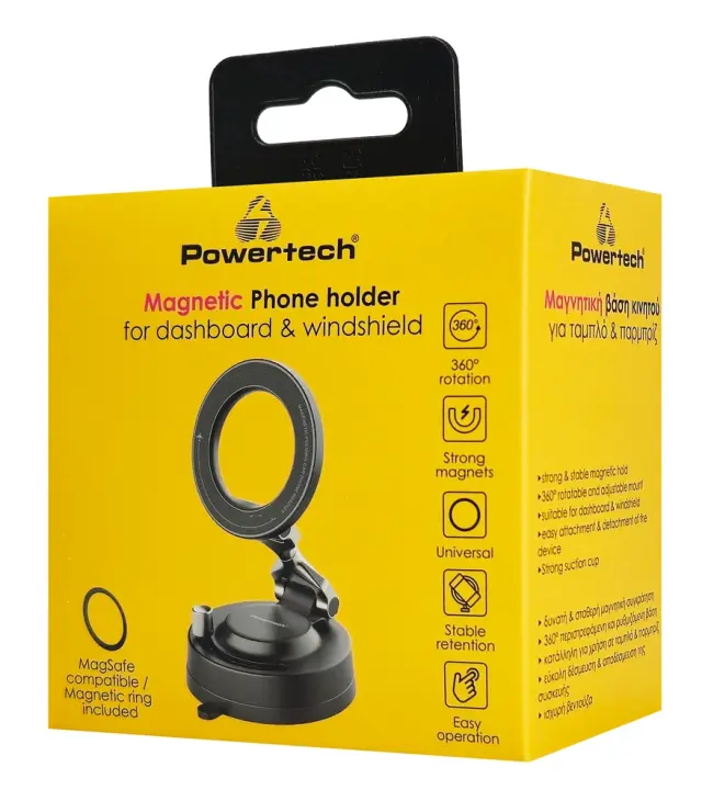POWERTECH βάση smartphone αυτοκινήτου PT-1629 για ταμπλό/παρμπρίζ, μαγνητική, μαύρη