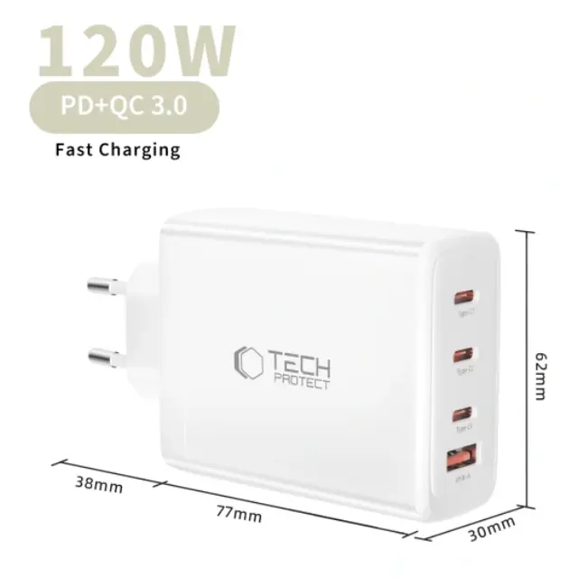 Tech-protect Nc120w-gan 4-port Network Charger Pd 120w / Qc3.0 White 3