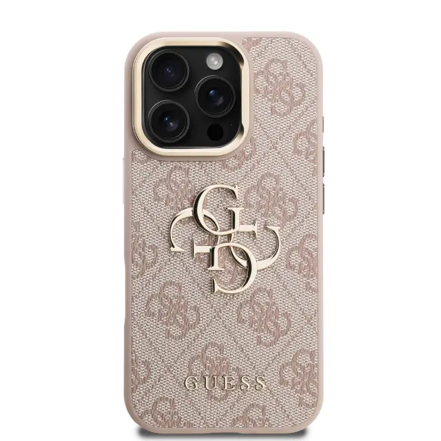 Guess PU 4G Metal Logo Stand Camera Frame Case for iPhone 16 Pro Pink 3