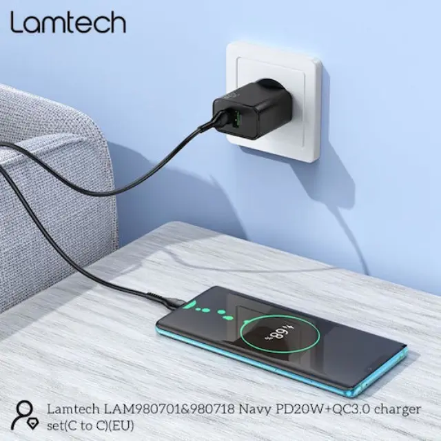 LAMTECH LAM980725 Φορτιστής 20W USB-C + USB-A με PD 3.0, PPS, Quick Charge 3.0 + Καλώδιο USB-C 60W 1m – Γκρι 3