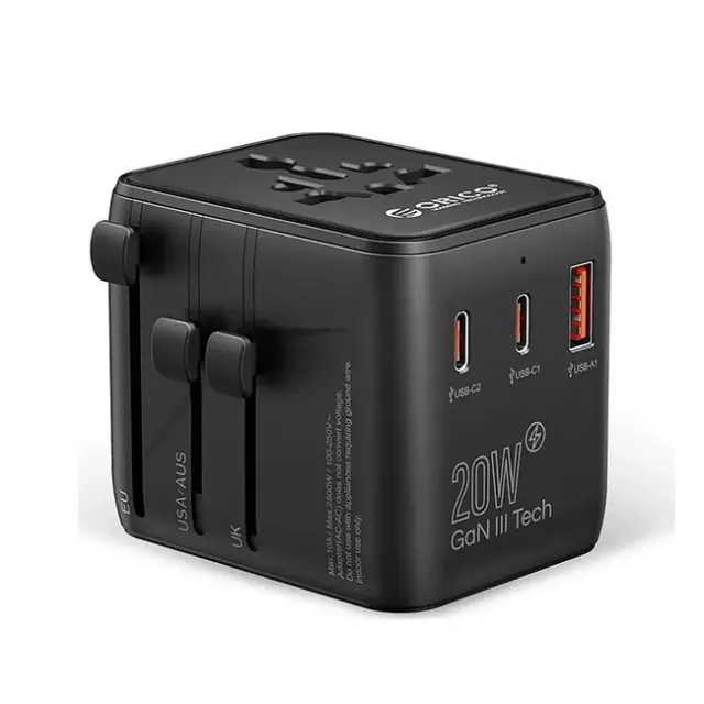 Orico Travel Adapter UK/EU/US/AU 2x UBS-C 20W USB-A (UA-1U2C-PRO-BK-EP)