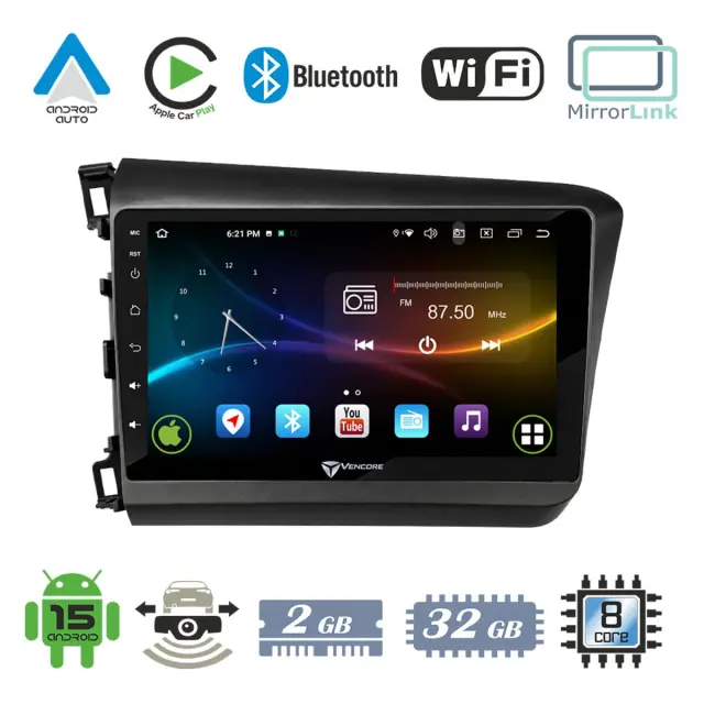 VenCore Οθόνη Multimedia Android 15 9" 9109A MTK6762 Octa-Core 2GB/32GB IPS με Πρόσοψη, CarPlay, Android Auto και Υποστήριξη Κάμερας Οπισθοπορείας AHD για Honda Civic 2012-2015 – Μαύρη (3236-10007-0149B)