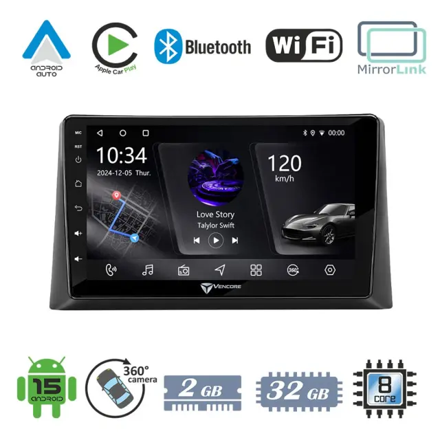 VenCore Οθόνη Multimedia Android 15 9" PX5S Octa-Core 2GB/32GB IPS με Πρόσοψη, CarPlay, Android Auto και Υποστήριξη Κάμερας 360° για Peugeot 308 2013-2026 – Μαύρη (3236-10005-0102B)