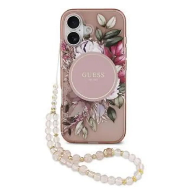 Guess IML Flowers Strap MagSafe Case for iPhone 17 Pink