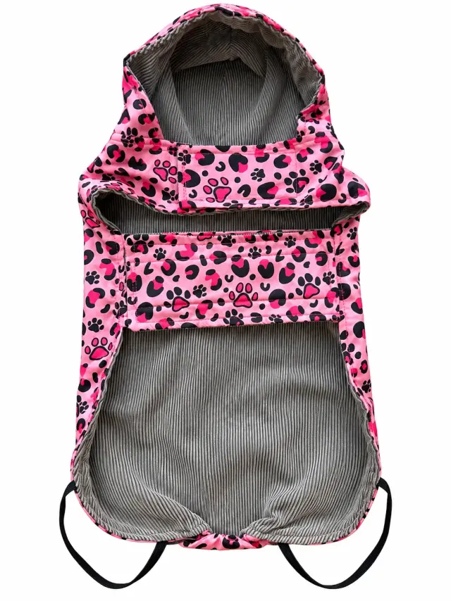 Αδιάβροχο Μπουφάν Σκύλου WOOF MODA Pink Leopard με Κουκούλα & Κοτλέ Επένδυση – XXL 44cm 2