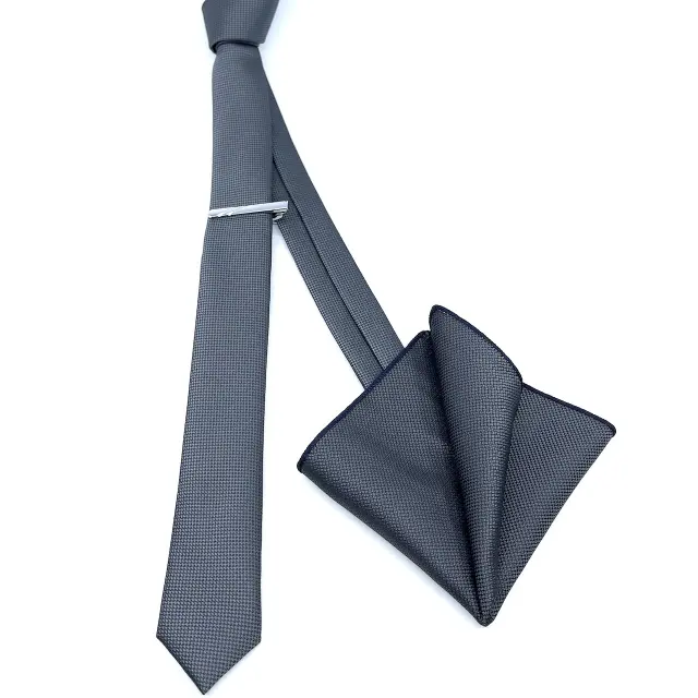 Ανθρακί Oxford Γραβάτα Slim 4,5 cm Σετ με Μαντηλάκι 2