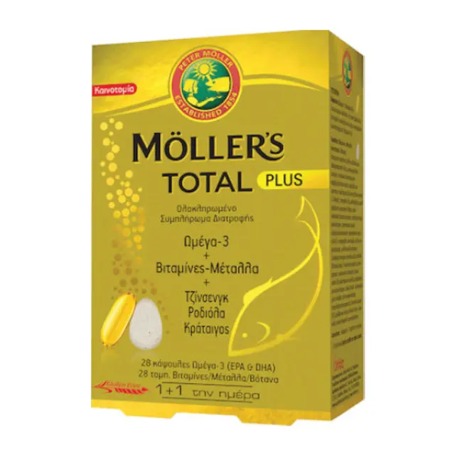 Moller's Total Plus Ολοκληρωμένο Συμπλήρωμα Διατροφής με Ωμέγα-3, Βιταμίνες και Μέταλλα, 28 ταμπλέτες και 28 κάψουλες