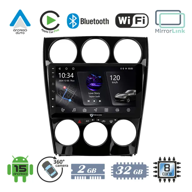 VenCore Οθόνη Multimedia Android 15 9" PX5S Octa-Core 2GB/32GB IPS με Πρόσοψη, CarPlay, Android Auto και Υποστήριξη Κάμερας 360° για Mazda 6 2002-2008 – Μαύρη (3236-10005-0263B)