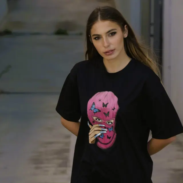 Ghetto Long Black T-shirt Balaclava Girl Stamp For Women 2