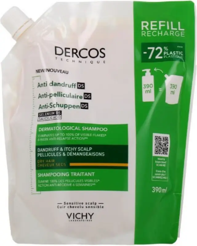 VICHY DERCOS Anti-Dandruff DS Σαμπουάν Κατά της ξηροδερμίας, της Πιτυρίδας και του Κνησμού για Ξηρά Μαλλιά Refill 390ml
