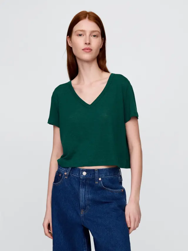 Μπλούζα με V λαιμόκοψη από Λινό Rain forest green