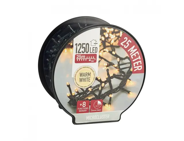 1.250 Φωτάκια LED - 25 Μέτρα + 3 Μέτρα σύνδεσης, Πυκνή Διάταξη, με χειριστήριο, 8 προγράμματα, Πράσινο καλώδιο - Θερμό Λευκό AGL521340