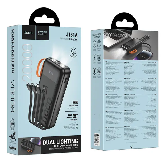 Power Bank Hoco J151A Spirit 20000mAh με 4 Καλώδια Φόρτισης, Φακό και LED Ένδειξη Μαύρο 2