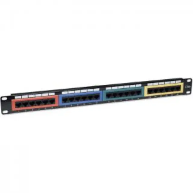 Patch panel κατηγορίας CAT 5e UTP, 24 θυρών χωρισμένων σε 4 εξάδες διαφορετικών χρωματισμών για την πιο εύκολη ομαδοποίηση της καλωδίωσης σας. 2