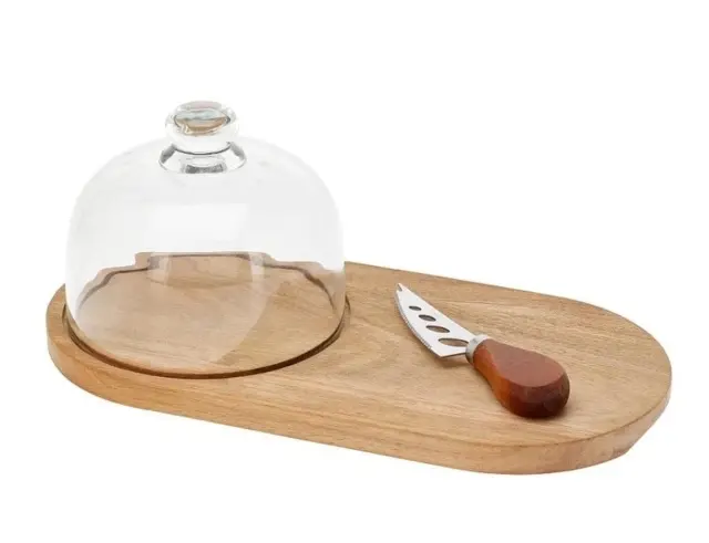 Σετ Σερβιρίσματος Excellent Houseware με γυάλινο καπάκι, μαχαίρι και δίσκο, από ξύλο ακακίας - 3 τεμάχια 278001200 2