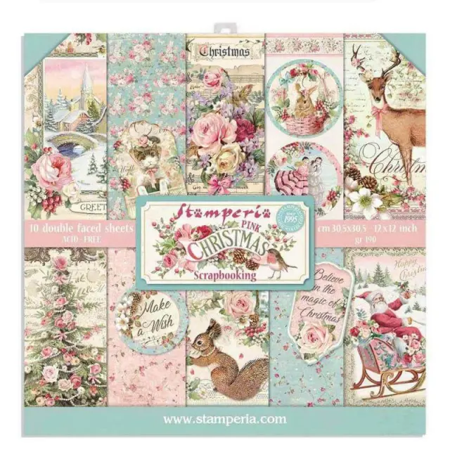 Σετ 10 Χαρτιά Scrapbooking Stamperia Διπλής Όψης - Pink Christmas - 30x30cm