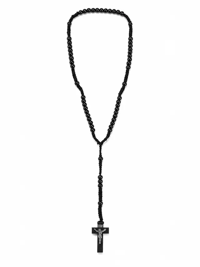 Ghetto Black Rosary-Style Beaded Necklace with Cross 2