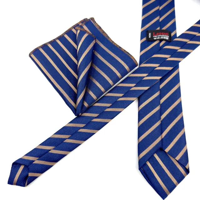 Μπλε - Μπεζ Σχεδιαστική Γραβάτα Microfiber Σετ με Μαντήλι 3