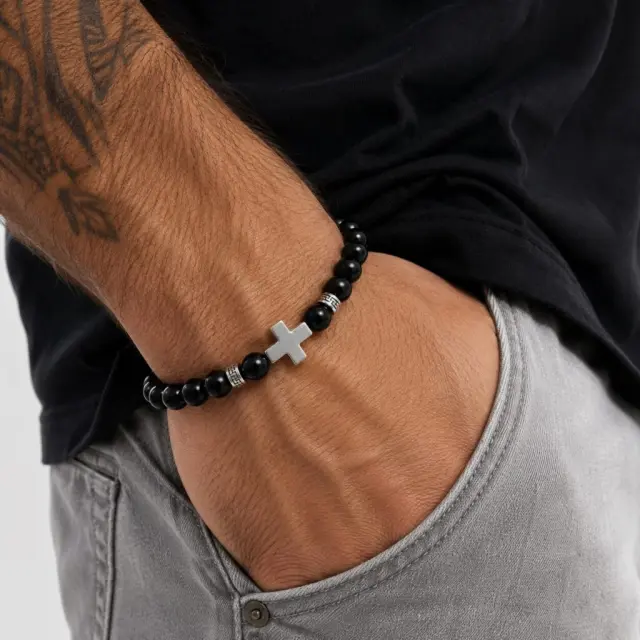 Ghetto Black Beaded Minimal Cross Elastic Bracelet 2