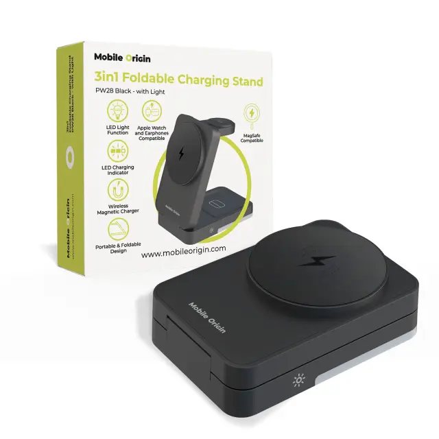 Mobile Origin 3in1 Foldable Charging Stand with light, PW28, black