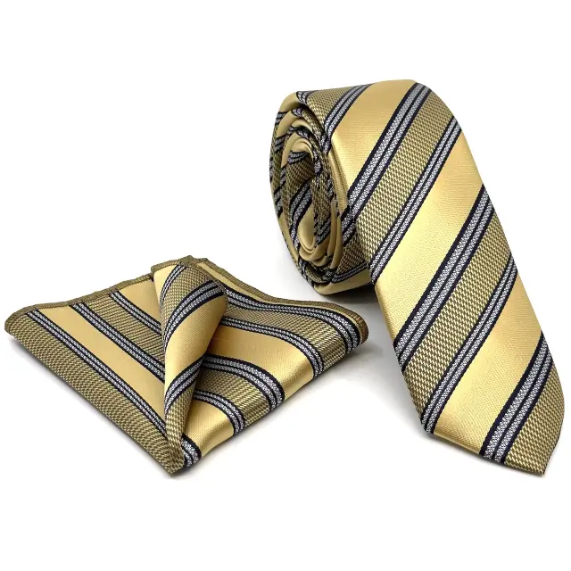 Χρυσαφί Ριγέ Γραβάτα Microfiber Σετ με Μαντήλι Σχέδιο 283/B