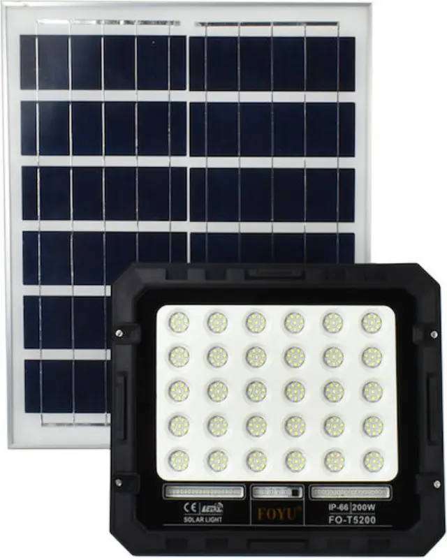 Στεγανός Ηλιακός Προβολέας IP66 Ισχύος 200W με Τηλεχειριστήριο και Ψυχρό Λευκό Φως σε Μαύρο χρώμα FO-T5200