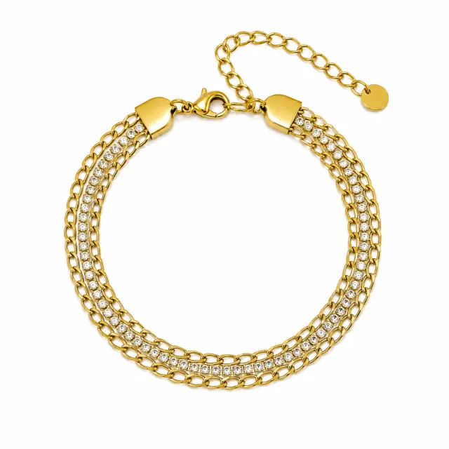 Ghetto Gold Triple Chain Stainless Steel Bracelet with Crystal Zirconia