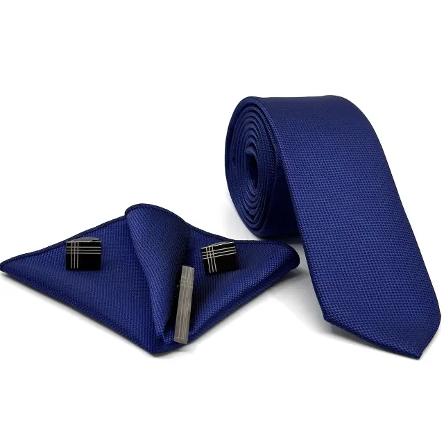 Βαθύ Μπλε Γραβάτα Oxford 6,5 cm με Ασορτί Μαντήλι