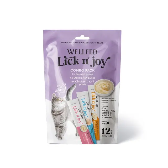 Wellfed Lick n Joy Mix Tastes Λιχουδιές για Γάτες με Κοτόπουλο, Σολομό & Ψάρι 12x14gr