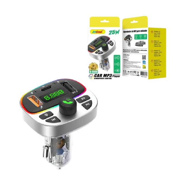 Andowl FM Transmitter Αυτοκινήτου Bluetooth με MP3 Player, 2 USB & Type-C 25W Q-C668- Bluetooth Car FM Transmitter MP3 Player 25W 817139