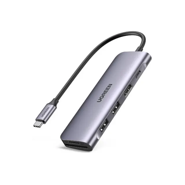 Ugreen Hub adapter 6 in 1 CM195 USB-C to 2x USB 3.0 HDMI SD/microSD 100W gray (70411) (UGR70411)