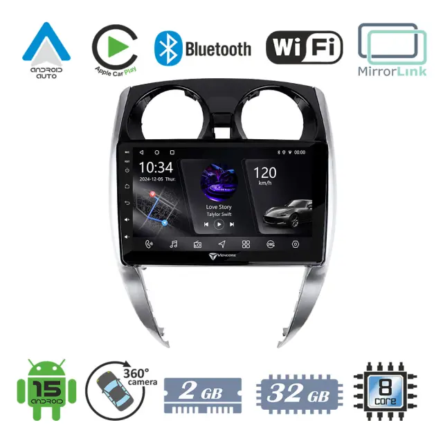 VenCore Οθόνη Multimedia Android 15 10.1" PX5S Octa-Core 2GB/32GB IPS με Πρόσοψη, CarPlay, Android Auto και Υποστήριξη Κάμερας 360° για Nissan Note 2013-2018 – Μαύρη (3236-10006-0481B)