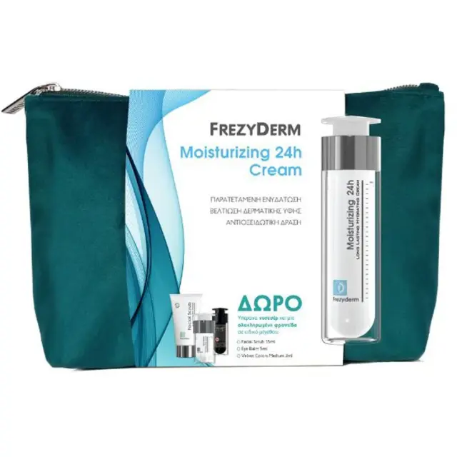 Frezyderm Promo Moisturizing 24h Cream Ενυδατική Κρέμα Προσώπου Μεγάλης Διάρκειας, 50ml & Δώρο Facial Scrub Απαλό & Δροσερό Τζελ για Απολέπιση Προσώπου, 15ml & Δώρο Eye Balm Κρέμα για τις Σακούλες στα Μάτια, 5ml & Δώρο Velvet Colors Medium Make-up Ιδανικής Χρωματικής Κάλυψης με Βελούδινη Ματ Υφή, 2m