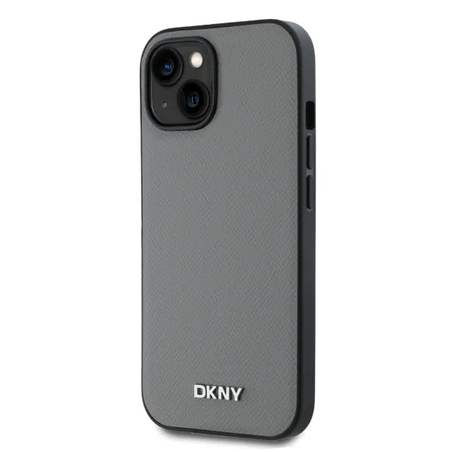 DKNY PU Leather Silver Metal Logo Magsafe Case for iPhone 13 Grey 3