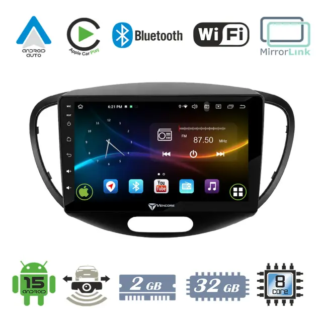 VenCore Οθόνη Multimedia Android 15 9" 9109A MTK6762 Octa-Core 2GB/32GB IPS με Πρόσοψη, CarPlay, Android Auto και Υποστήριξη Κάμερας Οπισθοπορείας AHD για Hyundai i10 2008-2014 – Μαύρη (3236-10007-0551B)
