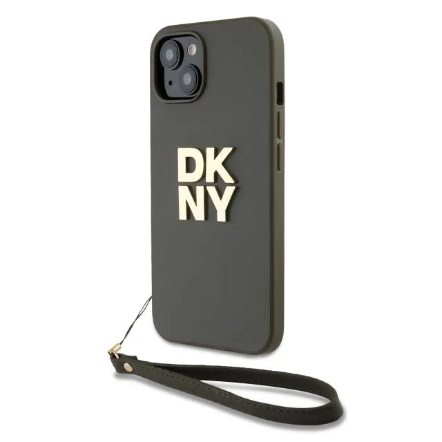 DKNY PU Leather Stack Logo Wrist Strap Case for iPhone 14 Brown 2