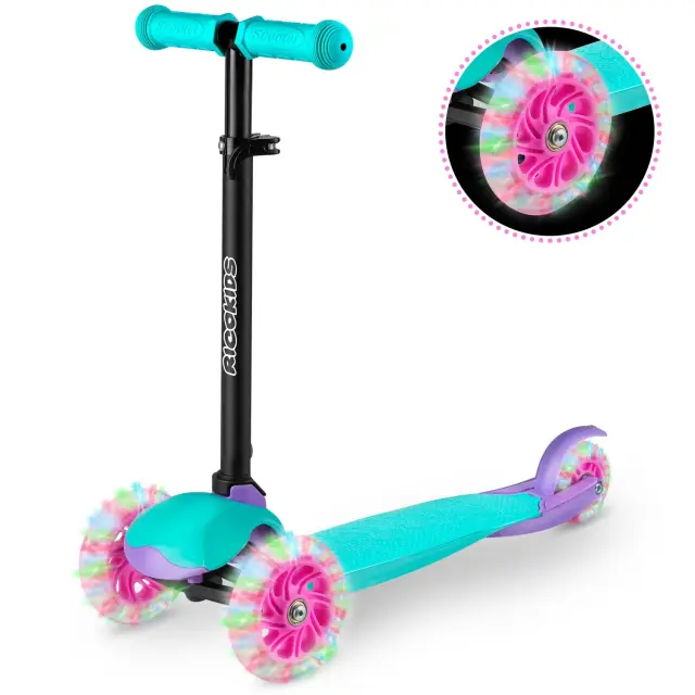 Ricokids Παιδικό πατίνι - σκούτερ με 3 τροχούς, αναδιπλούμενο με LED, έως 25 κιλά Τιρκουάζ-Μωβ