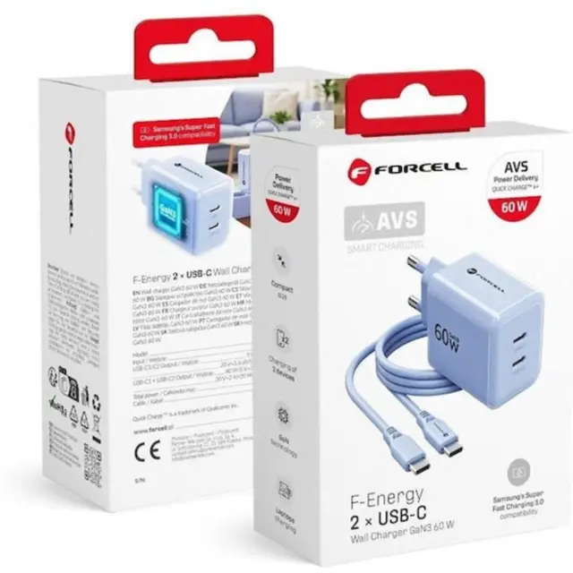 Phone charger Forcell GaN III r 2x USB C AVS SSFC3.0 60W + cable USB C to USB C VT-60 ligth blue