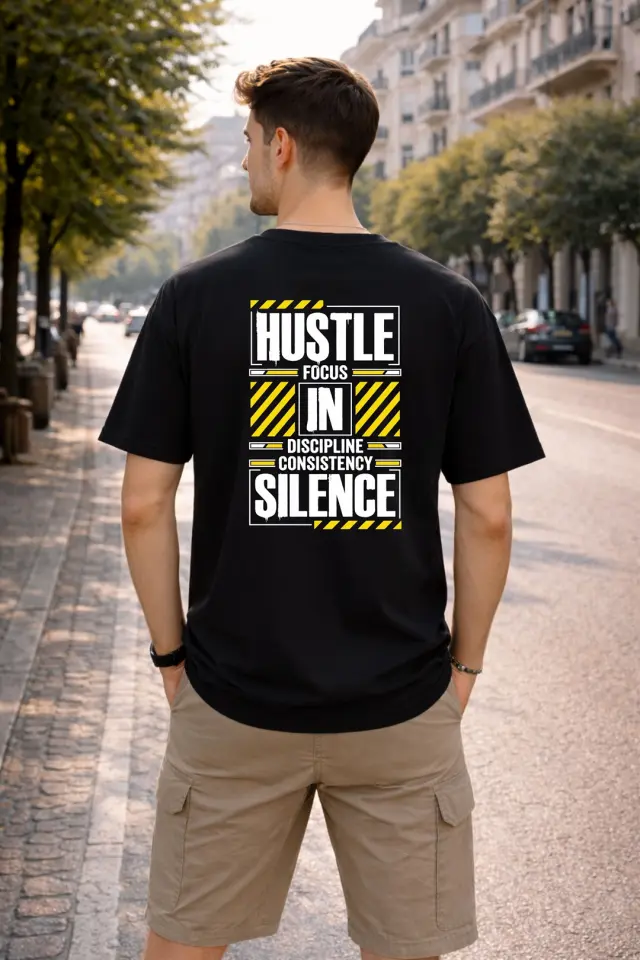 T-shirt Noshame® Oversized Μαύρο με τύπωμα Hustle In Silence - 152628 - XXL