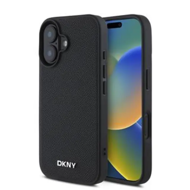 DKNY PU Leather Silver Metal Logo Magsafe Case for iPhone 16 Plus Black