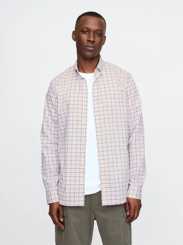 Καφέ Performance Πουκάμισο Ποπλίνα Taupe white plaid