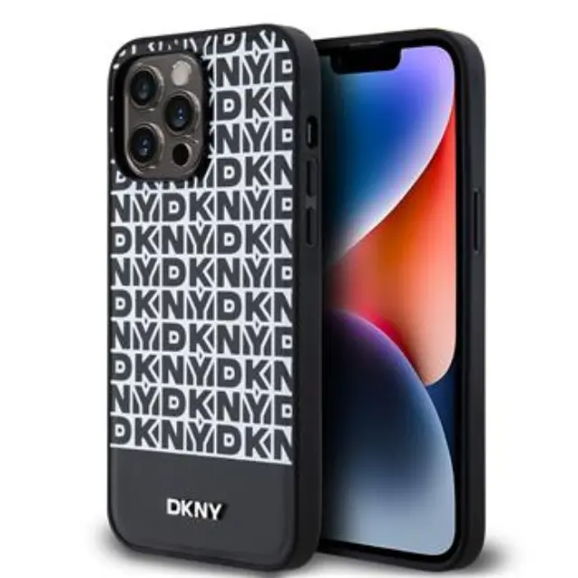 DKNY PU Leather Repeat Pattern Bottom Stripe MagSafe Case for iPhone 15 Pro Max Black