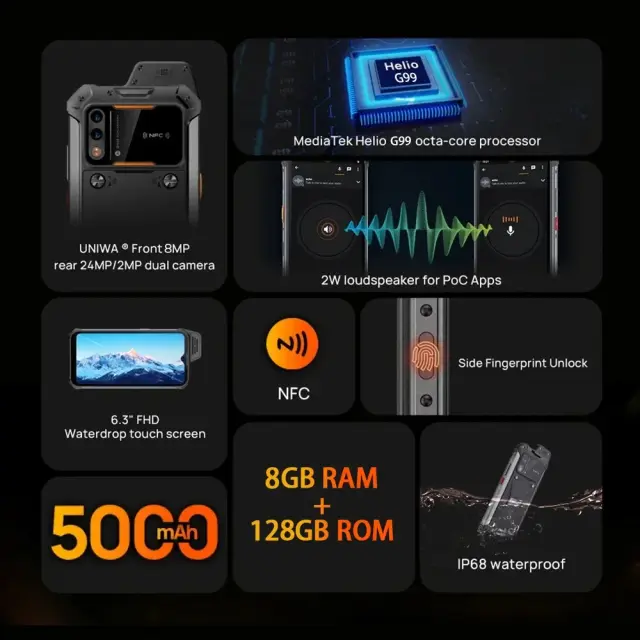 UNIWA smartphone W999, 6.3", 8/128GB , ηχείο 2W, Atex Zone 2, IP68, μαύρο 2